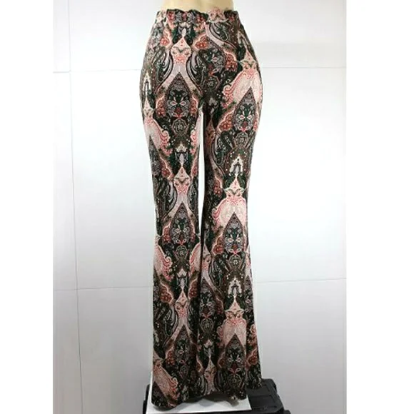 New TRIPLE SEVEN Boho Chic Print Flare Leg Pants in hunter green - Picture 3 of 9